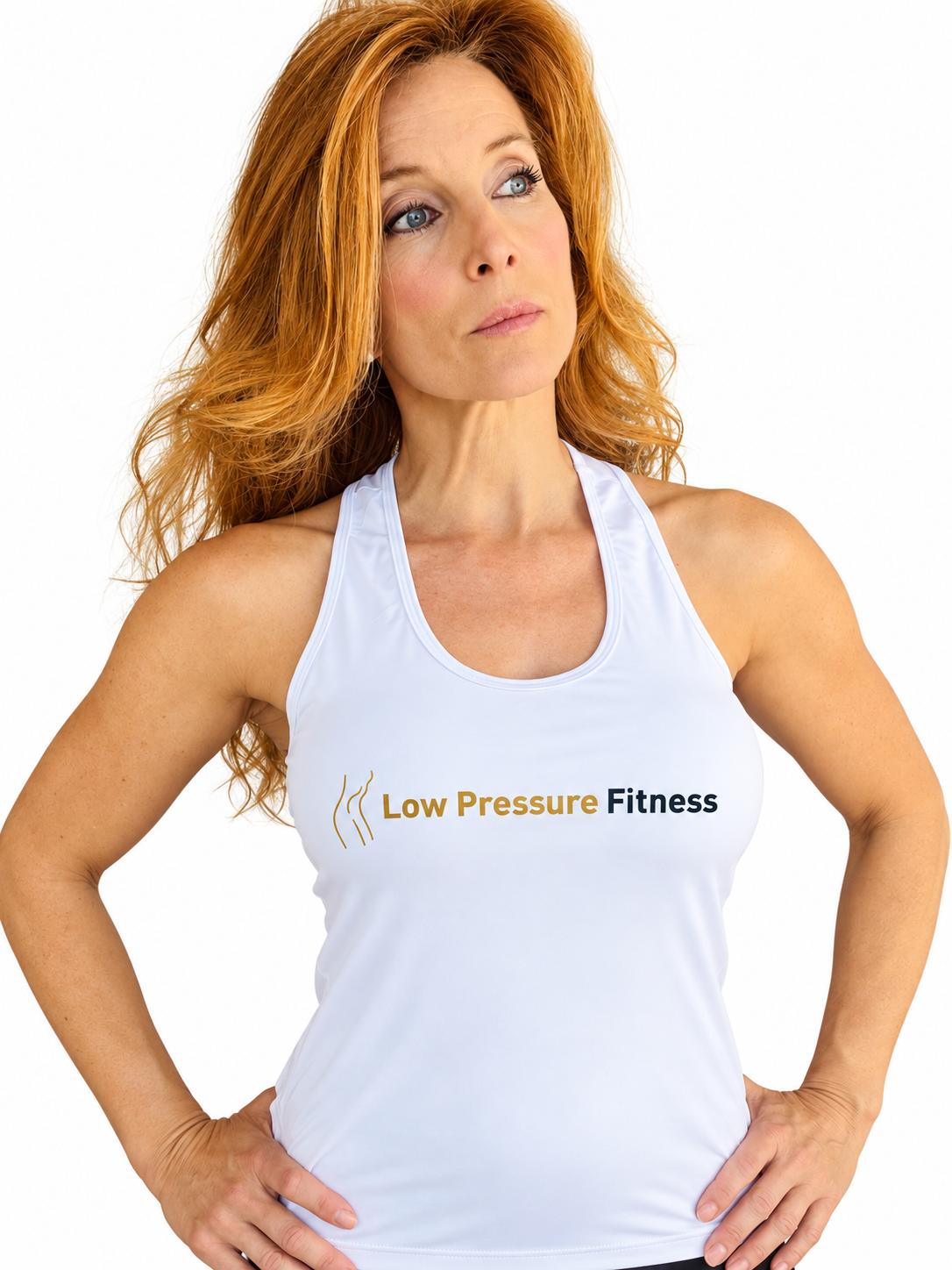 White sheer-back tank top with the Low Pressure Fitness logo