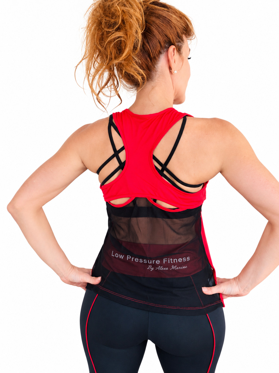 Red tank top, sheer back view