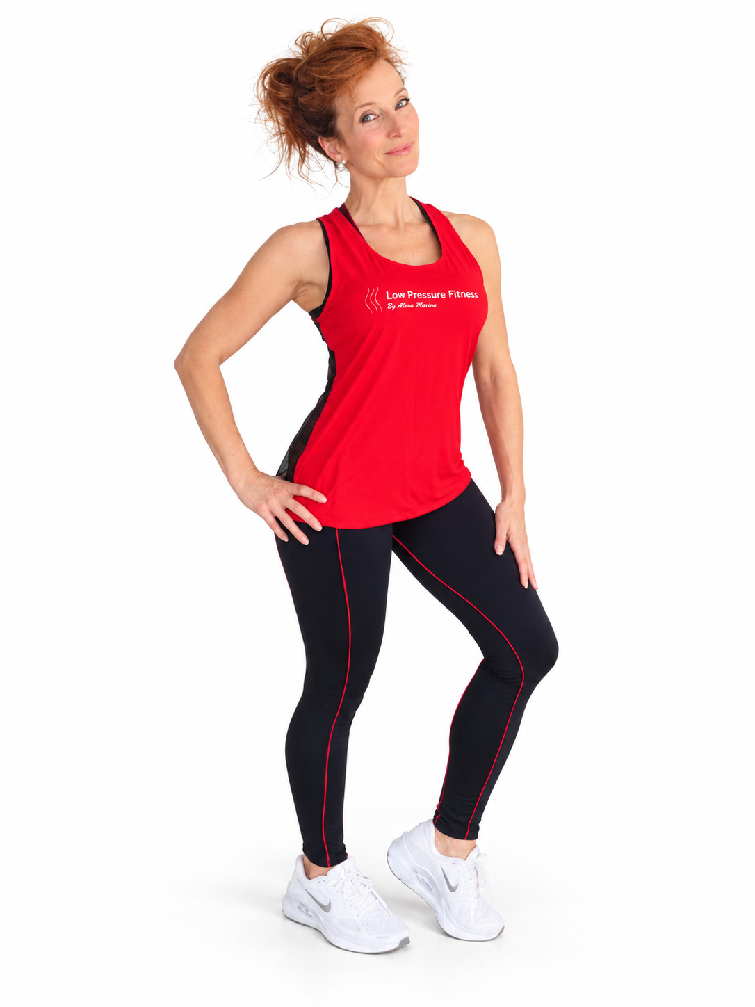 Red sheer-back tank top with black Elements leggings