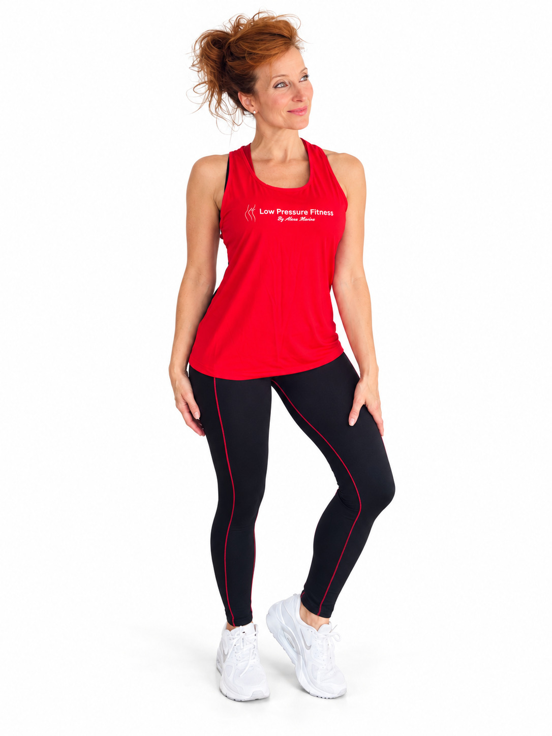 Red sheer-back tank top, front view